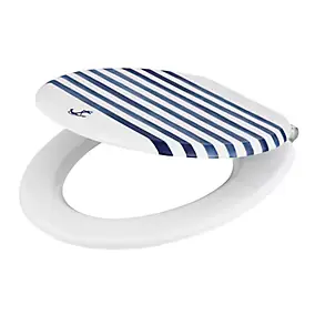 Abattant WC GoodHome Pilica coloris blanc et bleu en bois avec frein de chute
