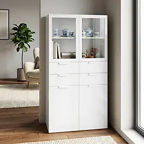 Meuble de rangement portes battantes vitrées et tiroirs blanc GoodHome Atomia H. 187,5 x L. 100 x P. 47 cm