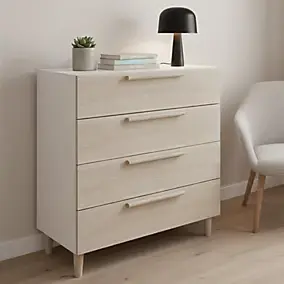 Commode sur pieds blanche et effet chêne 4 tiroirs GoodHome Atomia H. 86 x L. 75 x P. 47 cm