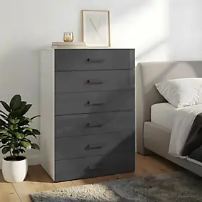 Commode blanche et anthracite brillant 6 tiroirs GoodHome Atomia H. 112,5 x L. 75 x P. 47 cm