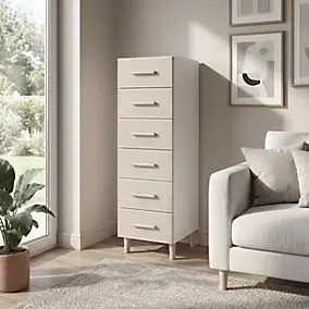 Commode sur pieds blanche et effet chêne 6 tiroirs GoodHome Atomia H. 123,5 x L. 37,5 x P. 47 cm