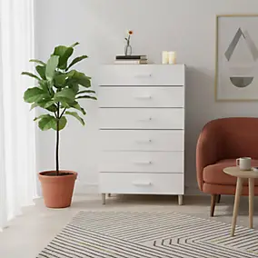 Commode sur pieds blanche et effet chêne 6 tiroirs GoodHome Atomia H. 123,5 x L. 75 x P. 45 cm