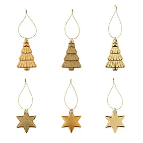 Assortiment 12 boules de Noël étoiles sapin couleur or à suspendre