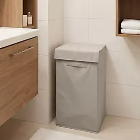 Panier à linge GoodHome Drina capacité 52 litres coloris taupe en polyester et PP L.30 x l. 30 x H.58 cm