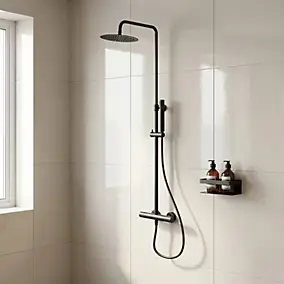 Colonne de douche thermostatique + barre réglable + douchette + flexible, noir mat, GoodHome Owens