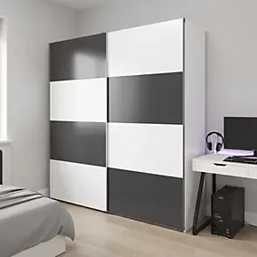 Armoire penderie portes coulissantes blanches brillantes et anthracite brillant GoodHome Atomia H. 225 x L. 200 x P. 63,5 cm