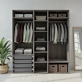 Dressing effet chêne grisé 6 tablettes 4 paniers GoodHome Atomia H. 225 x L. 200 x P. 58 cm