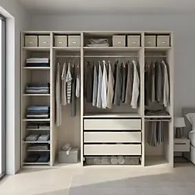 Dressing ouvert avec tiroirs et portes chaussures effet chêne GoodHome Atomia H. 225 x L. 250 x P. 58 cm