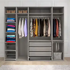 Dressing ouvert avec tiroirs et portes chaussures effet chêne grisé GoodHome Atomia H. 225 x L. 250 x P. 58 cm