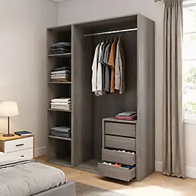 Dressing effet chêne grisé 4 tablettes 4 tiroirs GoodHome Atomia H. 225 x L. 150 x P. 58 cm