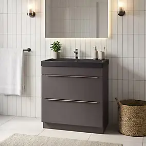 Meuble vasque à poser gris l.60 cm Imandra + plan vasque noir résine Mila, GoodHome