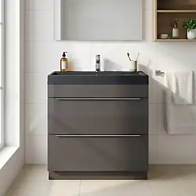 Meuble vasque à poser gris l.80 cm Imandra + plan vasque noir résine Mila, GoodHome