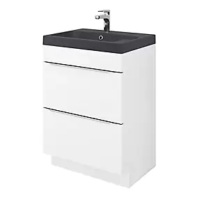 Meuble vasque à poser blanc brillant l.60 cm Imandra + plan vasque noir résine Mila, GoodHome