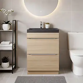 Meuble vasque à poser Imandra effet chêne l.60 cm + plan vasque noir résine Mila, GoodHome