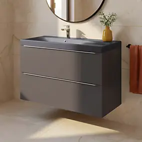 Meuble vasque suspendu gris l.100 cm Imandra + plan vasque noir résine Mila, GoodHome