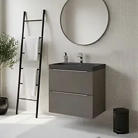 Meuble vasque suspendu gris brillant l.60 cm Imandra + plan vasque noir résine Mila, GoodHome