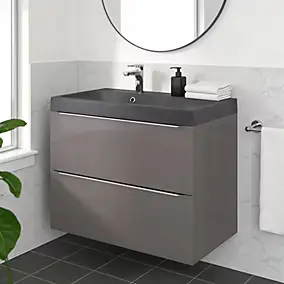 Meuble vasque suspendu gris brillant l.80 cm Imandra + plan vasque noir résine Mila, GoodHome