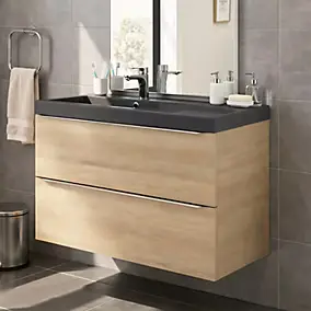 Meuble vasque suspendu effet chêne l.100 cm Imandra + plan vasque noir résine Mila, GoodHome