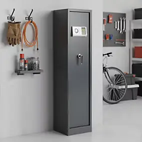 Armoire à fusils serrure électronique Smith & Locke – 5 armes avec coffre intérieur, acier gris – 120 L – l.35 x H.145 x P.30 cm