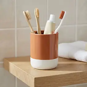 Gobelet salle de bains terracotta et blanc en céramique Ø7,8 x H.10,2 cm, GoodHome Koros