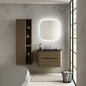 Ensemble salle de bains L. 84 cm meuble sous vasque décor noyer + plan vasque noir mat Alba