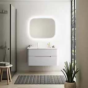 Ensemble salle de bains L. 104 cm meuble sous vasque blanc mat + plan vasque à gauche blanc brillant Alba