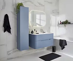 Meuble meuble sous vasque bleu mat l.104 cm + plan vasque à droite blanc mat Alba