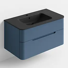 Ensemble salle de bains L. 104 cm meuble sous vasque bleu mat + plan vasque version centre noir mat Alba