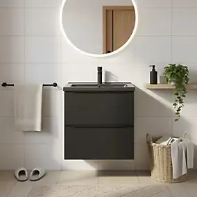 Meuble vasque suspendu noir mat l.60 cm Imandra + plan vasque noir céramique Nira, GoodHome