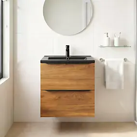 Meuble vasque suspendu effet noyer l.60 cm Imandra + plan vasque noir céramique Nira, GoodHome