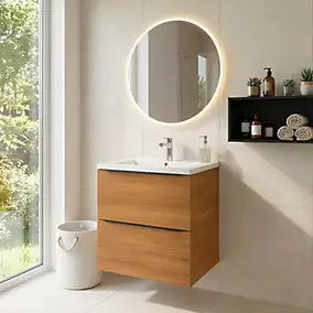 Meuble vasque suspendu effet noyer l.60 cm Imandra + plan vasque blanc céramique Nira, GoodHome
