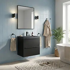Meuble vasque suspendu noir mat l.60 cm Imandra + plan vasque noir résine Mila, GoodHome
