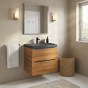 Meuble vasque suspendu effet noyer l.60 cm Imandra + plan vasque noir résine Mila, GoodHome
