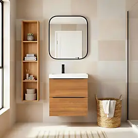 Meuble vasque suspendu effet noyer l.60 cm Imandra + plan vasque blanc résine Mila, GoodHome