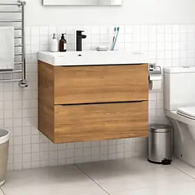 Meuble vasque suspendu effet noyer l.80 cm Imandra + plan vasque blanc résine Mila, GoodHome
