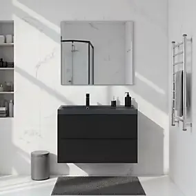 Meuble vasque suspendu noir mat l.100 cm Imandra + plan vasque noir résine, GoodHome
