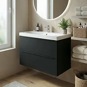 Meuble vasque suspendu noir mat l.100 cm Imandra + plan vasque blanc résine, GoodHome