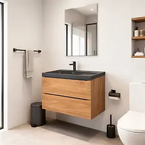 Meuble vasque suspendu effet noyer l.100 cm Imandra + plan vasque noir résine, GoodHome