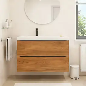 Meuble vasque suspendu effet noyer l.100 cm Imandra + plan vasque blanc résine, GoodHome