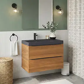 Meuble vasque suspendu effet noyer l.80 cm Imandra + plan vasque noir résine Mila, GoodHome