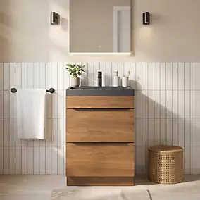 Meuble vasque à poser effet noyer l.60 cm Imandra + plan vasque noir résine Mila, GoodHome
