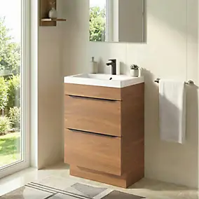 Meuble vasque à poser effet noyer l.60 cm Imandra + plan vasque blanc résine Mila, GoodHome