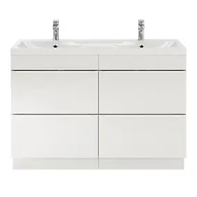 Meuble vasque à poser blanc brillant l.120 cm Imandra + plan double vasque blanc résine, GoodHome