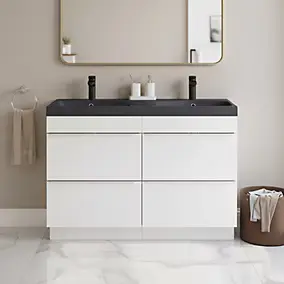 Meuble vasque à poser blanc brillant l.120 cm Imandra + plan double vasque noir résine, GoodHome