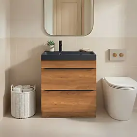Meuble vasque à poser effet noyer Imandra + plan vasque noir résine Mila, GoodHome