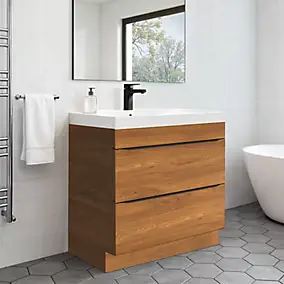 Meuble vasque à poser effet noyer Imandra + plan vasque blanc résine Mila, GoodHome