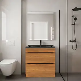 Meuble vasque à poser effet noyer l.80 cm Imandra + plan vasque noir céramique Nira, GoodHome