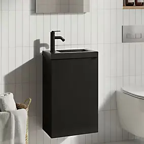 Meuble lave-mains suspendu noir mat l.44 cm Imandra + plan vasque noir céramique Nira, GoodHome