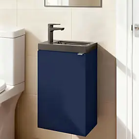 Meuble lave-mains suspendu bleu nuit mat l.44 cm Imandra + plan vasque noir céramique Nira, GoodHome