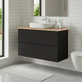 Meuble vasque suspendu noir mat l.100 cm Imandra + plan de toilette effet chêne, GoodHome